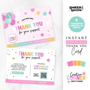 Puede incluir: Dos tarjetas de agradecimiento rosas y blancas con confeti colorido y texto. Las tarjetas dicen "GRACIAS por tu apoyo" e incluyen el logotipo y la información de contacto de la tienda. Las tarjetas son para una pequeña empresa.
