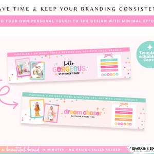 Puede incluir: Plantillas de dise&ntilde;o gr&aacute;fico rosas y turquesas con el texto "hello GORGEOUS: STATIONERY SHOP" y "dream chaser CLOTHING COLLECTION". Las plantillas son editables en Canva y presentan secciones de categor&iacute;as de productos. El texto "SAVE TIME & KEEP YOUR BRANDING CONSISTENT" est&aacute; en la parte superior.