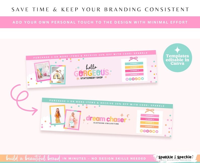 Puede incluir: Plantillas de dise&ntilde;o gr&aacute;fico rosas y turquesas con el texto "hello GORGEOUS: STATIONERY SHOP" y "dream chaser CLOTHING COLLECTION". Las plantillas son editables en Canva y presentan secciones de categor&iacute;as de productos. El texto "SAVE TIME & KEEP YOUR BRANDING CONSISTENT" est&aacute; en la parte superior.