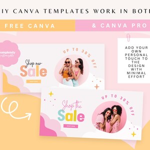 Może przedstawiać: Dwa r&oacute;żowe i białe szablony Canva z tekstem "Shop our Sale" i "Shop the Sale" w kolorowych literach. Szablony zawierają koło z dwiema kobietami w okularach przeciwsłonecznych i r&oacute;żowym tłem. Tekst "Do 30% zniżki" znajduje się po prawej stronie każdego szablonu. Tekst "DIY Canva Templates Work in Both Free Canva & Canva Pro" znajduje się u g&oacute;ry obrazu. Tekst "Dodaj sw&oacute;j własny osobisty akcent do projektu przy minimalnym wysiłku" znajduje się po prawej stronie obrazu.