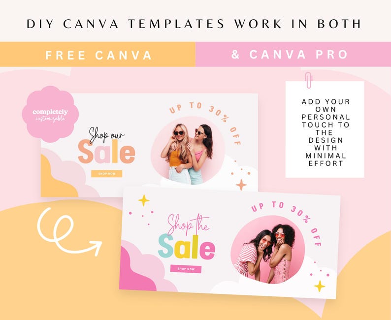 Może przedstawiać: Dwa r&oacute;żowe i białe szablony Canva z tekstem "Shop our Sale" i "Shop the Sale" w kolorowych literach. Szablony zawierają koło z dwiema kobietami w okularach przeciwsłonecznych i r&oacute;żowym tłem. Tekst "Do 30% zniżki" znajduje się po prawej stronie każdego szablonu. Tekst "DIY Canva Templates Work in Both Free Canva & Canva Pro" znajduje się u g&oacute;ry obrazu. Tekst "Dodaj sw&oacute;j własny osobisty akcent do projektu przy minimalnym wysiłku" znajduje się po prawej stronie obrazu.