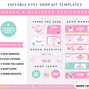Puede incluir: Plantillas de kit de tienda Etsy rosas y blancas con el texto "Plantillas de kit de tienda Etsy editables" y "Banner y papeler&iacute;a comercial". Incluye banners, listados, tarjetas de agradecimiento, iconos de tienda y recibos de pedido.