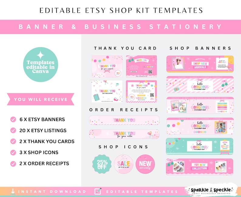Puede incluir: Plantillas de kit de tienda Etsy rosas y blancas con el texto "Plantillas de kit de tienda Etsy editables" y "Banner y papeler&iacute;a comercial". Incluye banners, listados, tarjetas de agradecimiento, iconos de tienda y recibos de pedido.