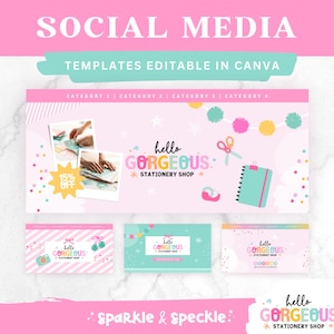 Puede incluir: Plantillas de redes sociales para Canva, con un fondo rosa, confeti y pompones coloridos. El texto "hello gorgeous: stationery shop" se muestra en colores arcoíris. Las plantillas están diseñadas para una papelería e incluyen una venta del 15% de descuento.