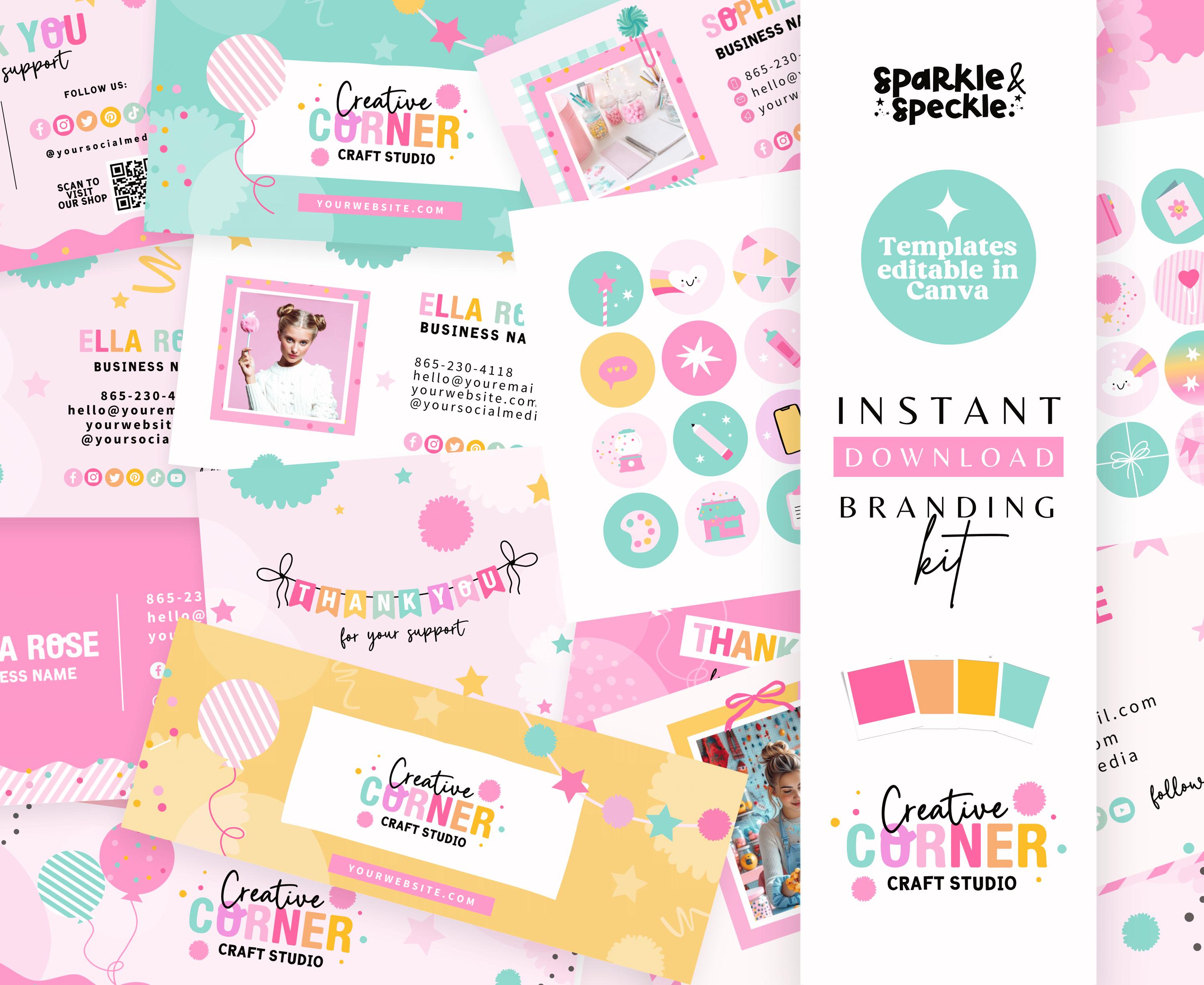 Colorful Party Branding Kit Templates, Editable Bright Canva Branding for Party Decor and Craft Store  – Sparkle & Speckle HGS01