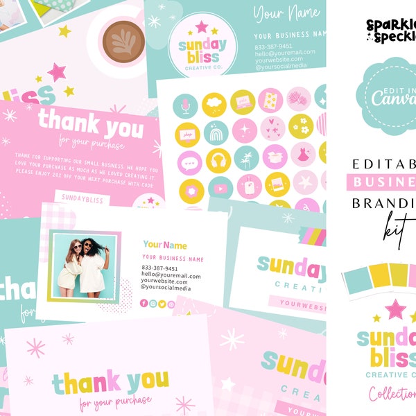 Branding Package Design, Branding Kit Editable in Canva, Colorful DIY Branding For Small Business, Sunb01