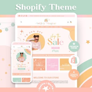 May include: A Shopify theme digital template displayed on a desktop and mobile screen interface. The design features a pastel colour palette of peach, mint green, and cream with text including Ashley Monroe, Shop the Sale, Best Sellers, and New Arrivals.
