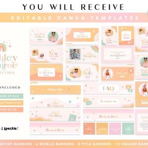 May include: A collection of editable Canva templates in pastel colors, including banners, social media graphics, and website elements. The design features the text "Ashley Monroe Collection" and includes the text "You Will Receive" and "What's Included".