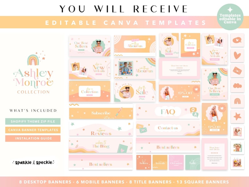 May include: A collection of editable Canva templates in pastel colors, including banners, social media graphics, and website elements. The design features the text "Ashley Monroe Collection" and includes the text "You Will Receive" and "What's Included".