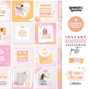 May include: A set of 10 pink and orange Instagram post templates with text overlays. The templates feature quotes, reminders, and a clothing collection announcement. The text includes "Shop our Sale", "You are Enough", "There is something positive in everyday", "Join our mailing list today", "Dream Chaser Clothing Collection", "Sparkle & Speckle", "Templates editable in Canva", "Instant Download Instagram Posts", and "If your dreams are your doings".
