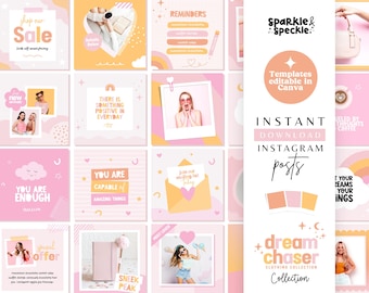 May include: A set of 10 pink and orange Instagram post templates with text overlays. The templates feature quotes, reminders, and a clothing collection announcement. The text includes "Shop our Sale", "You are Enough", "There is something positive in everyday", "Join our mailing list today", "Dream Chaser Clothing Collection", "Sparkle & Speckle", "Templates editable in Canva", "Instant Download Instagram Posts", and "If your dreams are your doings".