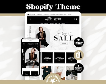 Pode incluir: Um modelo de site com tema Shopify exibido em um monitor de desktop e na tela de um smartphone. O design apresenta um esquema de cores em preto e branco com o texto Next Chapter Boutique, our biggest sale e best sellers. Inclui emblemas.