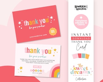 Könnte beinhalten: Zwei rosa und rote Dankeskarten mit einem Regenbogen- und Sternen-Design. Der Text auf den Karten lautet "Vielen Dank für Ihren Kauf". Die Karten sind Teil der "The Sweet Dreams Collection" und können in Canva bearbeitet werden.