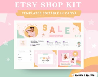 Etsy Shop Kit Templates Canva, Editable Rainbow Branding, Colorful Listings and Banner Design For Etsy Sellers ASH01 Sparkle & Speckle
