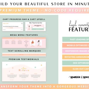 May include: An advertisement for a website theme, featuring a pastel color scheme and the text "Build Your Beautiful Store in Minutes." The image highlights features like cart upsell, mega menu, and testimonials. The phrase "high converting features" is also displayed.