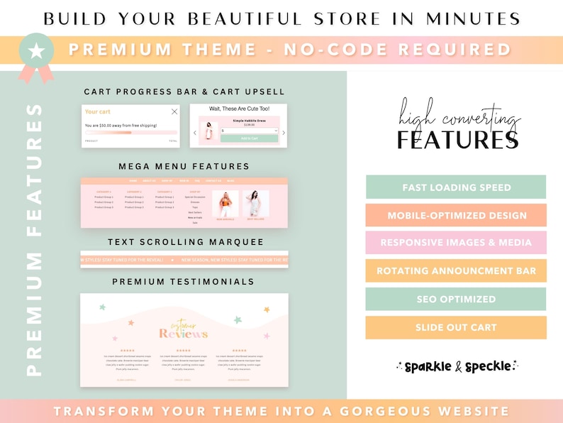 May include: An advertisement for a website theme, featuring a pastel color scheme and the text "Build Your Beautiful Store in Minutes." The image highlights features like cart upsell, mega menu, and testimonials. The phrase "high converting features" is also displayed.