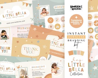 Può includere: Un kit di branding digitale con modelli di biglietti da visita, biglietti di ringraziamento e icone circolari in una delicata palette di beige, verde salvia e terracotta. I design includono stelle, arcobaleni e il testo Hey Little Bella Kids Boutique.