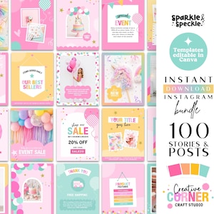 Può includere: Un pacchetto digitale di 100 modelli per storie e post di Instagram con un'estetica colorata e giocosa, caratterizzata da accenti rosa, gialli e turchesi. La collezione include vari design grafici, segnaposto per testo e illustrazioni.