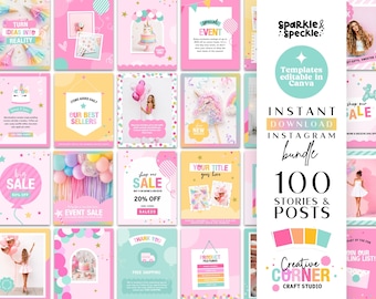 Pode incluir: Um pacote digital de 100 modelos para stories e posts do Instagram com uma estética colorida e lúdica, com detalhes em rosa, amarelo e turquesa. A coleção inclui vários designs gráficos, marcadores de texto e ilustrações de unicórnios.