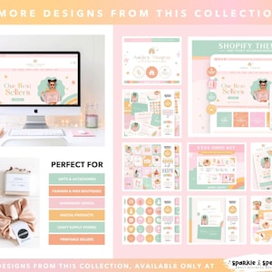 May include: A collection of digital design templates and branding elements in pastel colors. The image includes mockups of a website, phone, and various marketing materials. Text includes "Our Best Sellers" and "Shopify Theme".