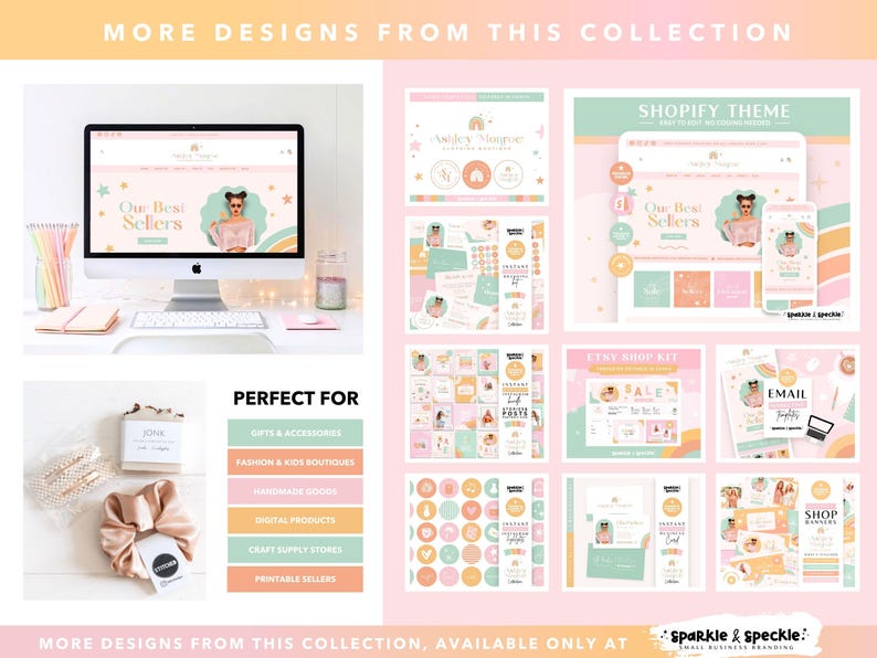 May include: A collection of digital design templates and branding elements in pastel colors. The image includes mockups of a website, phone, and various marketing materials. Text includes "Our Best Sellers" and "Shopify Theme".