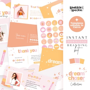 Puede incluir: Un kit de marca para redes sociales con un esquema de color rosa y naranja. El kit incluye plantillas para historias de Instagram, destacados e imágenes de perfil. El texto "Sparkle & Speckle" y "Dream Chaser Clothing Collection" aparece en el kit.