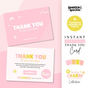 Modelo de cartão de agradecimento colorido Canva, cartão de agradecimento pela sua compra editável no Canva, LUC01 - Sparkle & Speckle