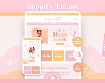 May include: A Shopify theme website template displayed on a desktop and mobile screen interface. The design features a soft pastel pink and orange color palette with the text Dream Chaser, New Arrivals, Shop our Sale, and Sparkle & Speckle.