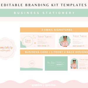 May include: Editable branding kit templates for business stationery. The kit includes two email signature designs and a business card with one front and two back designs. The designs feature a rainbow, stars, and a woman with sunglasses. The text "completely customizable" is included in the image.