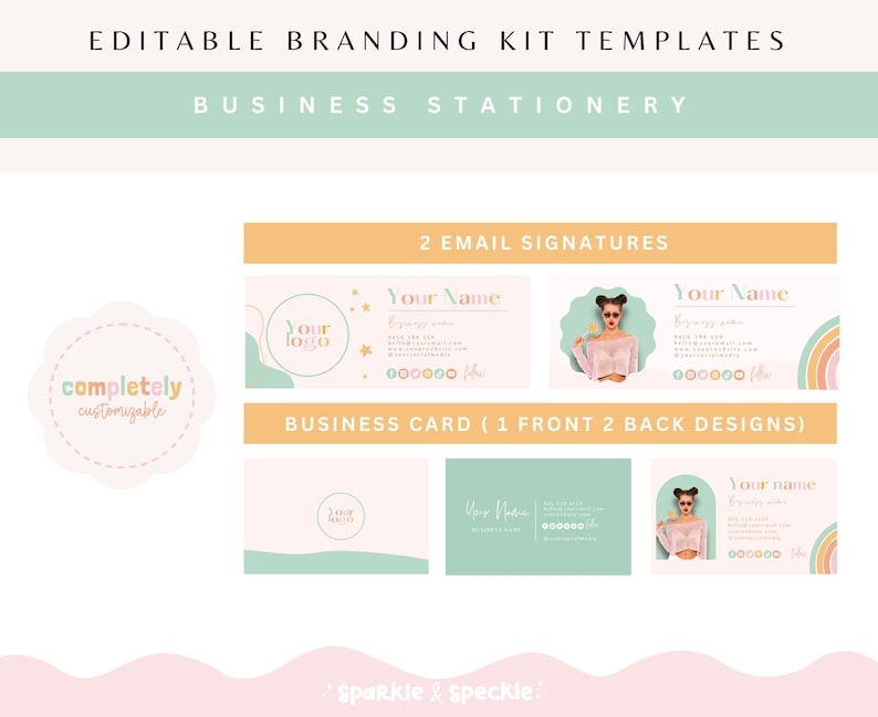 May include: Editable branding kit templates for business stationery. The kit includes two email signature designs and a business card with one front and two back designs. The designs feature a rainbow, stars, and a woman with sunglasses. The text "completely customizable" is included in the image.