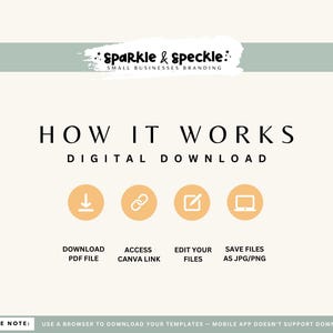 Pu&ograve; includere: Grafica per download digitale con il testo "HOW IT WORKS" e istruzioni per scaricare, accedere, modificare e salvare i file. La grafica include il logo "Sparkle & Speckle" e una nota sull'utilizzo di un browser per i download.