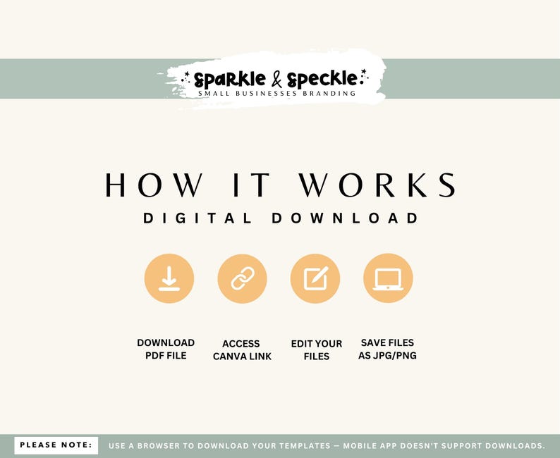 Pu&ograve; includere: Grafica per download digitale con il testo "HOW IT WORKS" e istruzioni per scaricare, accedere, modificare e salvare i file. La grafica include il logo "Sparkle & Speckle" e una nota sull'utilizzo di un browser per i download.