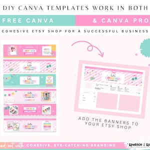 Puede incluir: Plantillas Canva rosas y turquesas para tiendas Etsy. La imagen muestra ejemplos de banners de tiendas Etsy con el texto "Hello Gorgeous" y "Shop New Arrivals". El texto "DIY Canva Templates" tambi&eacute;n es visible.