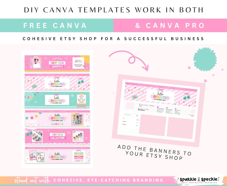 Puede incluir: Plantillas Canva rosas y turquesas para tiendas Etsy. La imagen muestra ejemplos de banners de tiendas Etsy con el texto "Hello Gorgeous" y "Shop New Arrivals". El texto "DIY Canva Templates" tambi&eacute;n es visible.