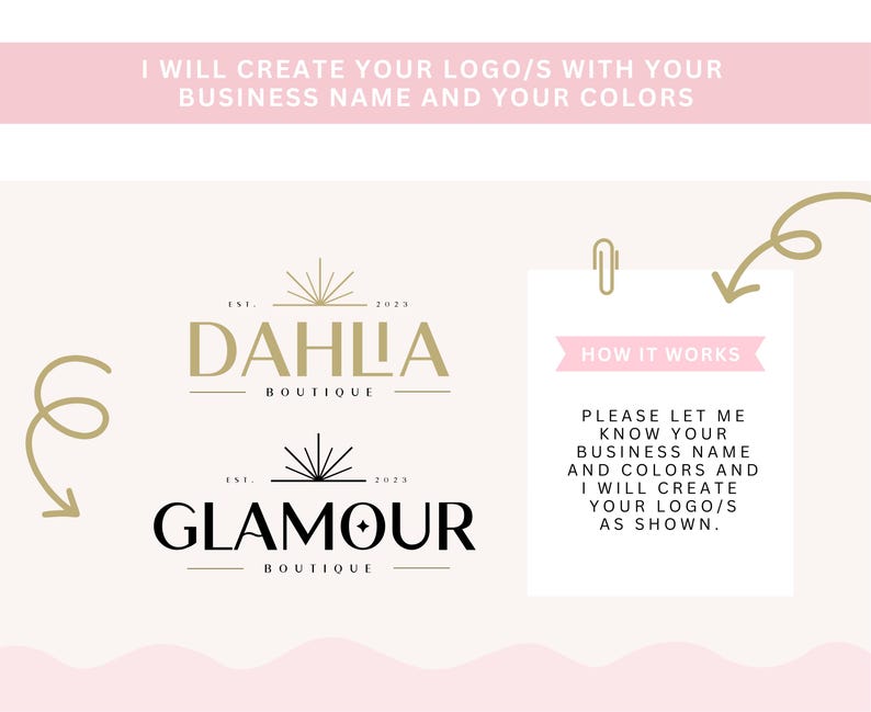 May include: A graphic design service offering to create logos for businesses. The image shows two examples of logos with the text "Dahlia Boutique" and "Glamour Boutique" in gold and black lettering. The text "How it works" is also included with instructions on how to order a logo.