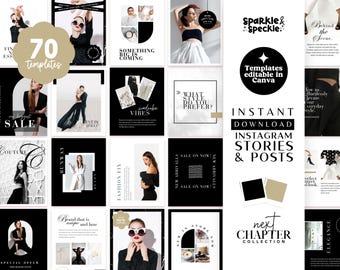 Black White Instagram Templates | Editable Canva Posts and Stories, Minimalist Social Media Kit for Luxury Brand NC01 – Sparkle & Speckle