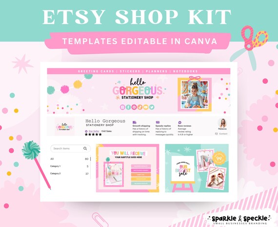 Rainbow Etsy Shop Branding Kit: Canva Templates for Craft Sellers, Etsy Banner Mockups, Etsy Store Listing Design - HGS01 Sparkle & Speckle