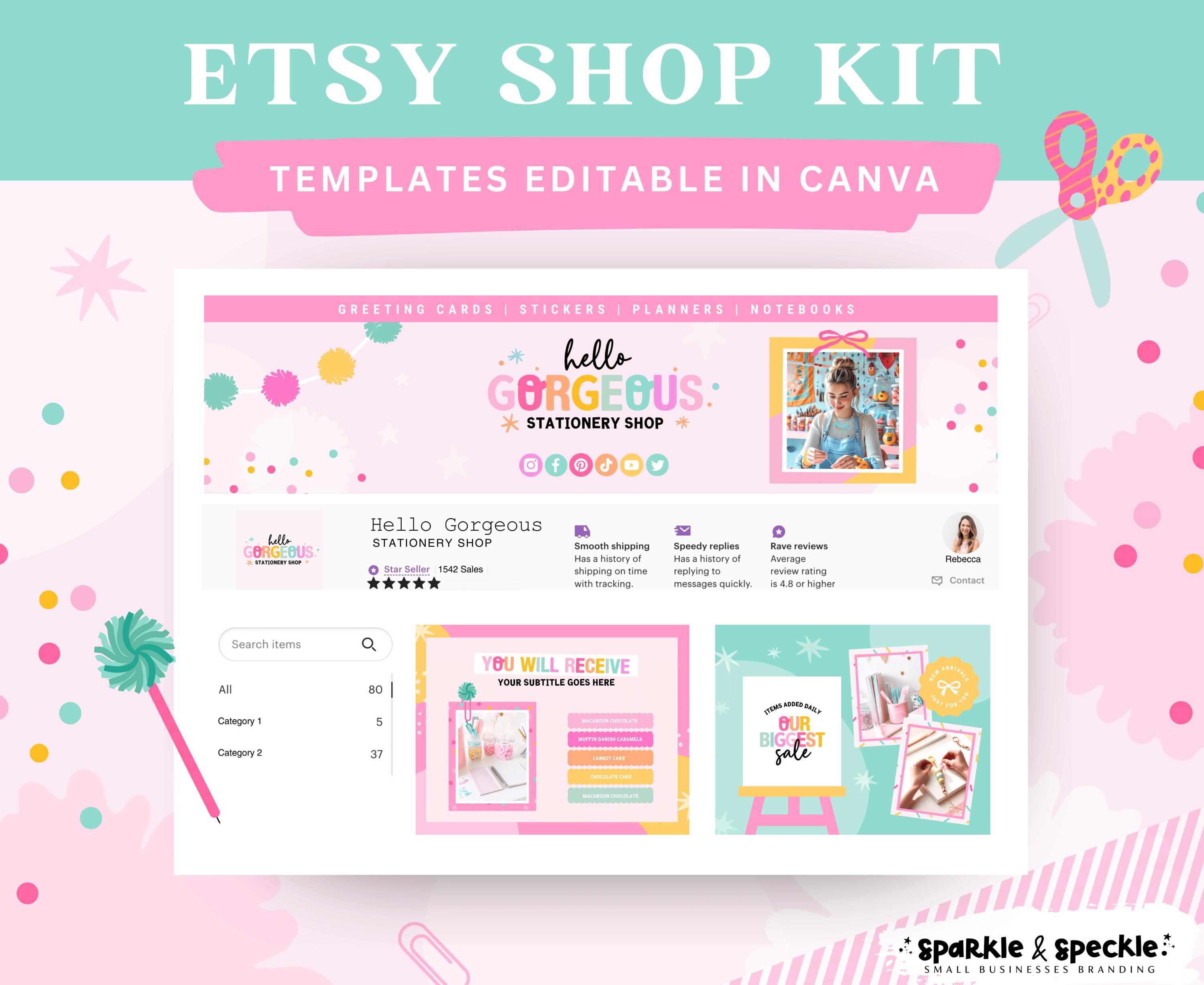 Etsy Shop Branding Kit, Rainbow Editable Canva Banners and Listing Templates for Craft and Stationery Sellers – Sparkle & Speckle HGS01