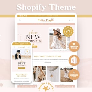 Könnte beinhalten: Ein digitales Mockup eines Shopify-Themas, das eine Website- und mobile App-Oberfläche zeigt. Das Thema verfügt über eine weiche, neutrale Farbpalette mit dem Text "Shopify Theme" oben. Die Website zeigt "Boho Crush Collective" und "NEW ARRIVALS".