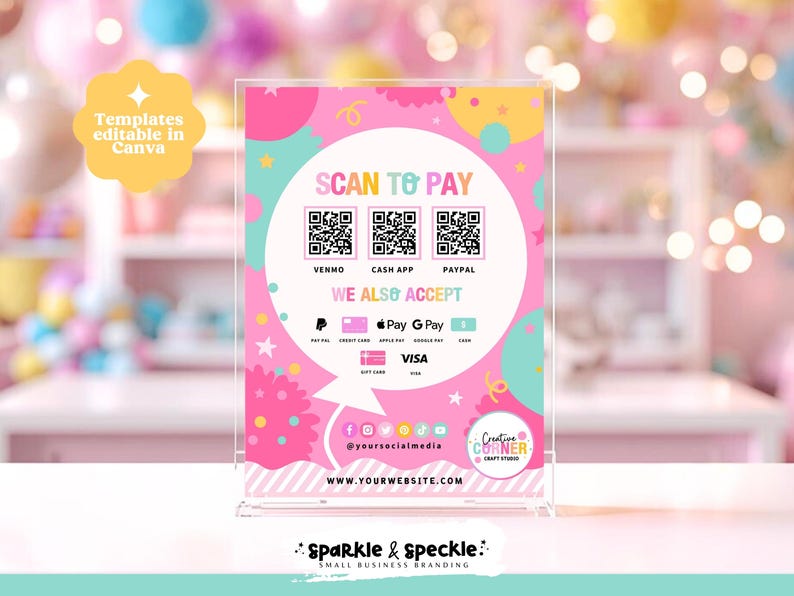 Editable QR Code Payment Sign Template for Canva: Bright Colorful ...