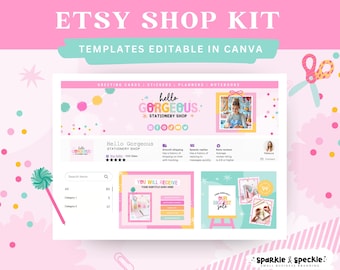 May include: An Etsy shop kit template set featuring a pink and teal colour scheme with the text Etsy Shop Kit and Templates Editable in Canva. The design includes a shop banner, profile picture, and product listing graphics for a stationery shop.