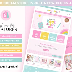 May include: A digital marketing graphic featuring a website mockup for Sunday Bliss Creative Co. with a pastel color palette. The text reads YOUR DREAM STORE IS JUST A FEW CLICKS AWAY, HIGH CONVERTING FEATURES, and SPARKLE & SPECKLE.