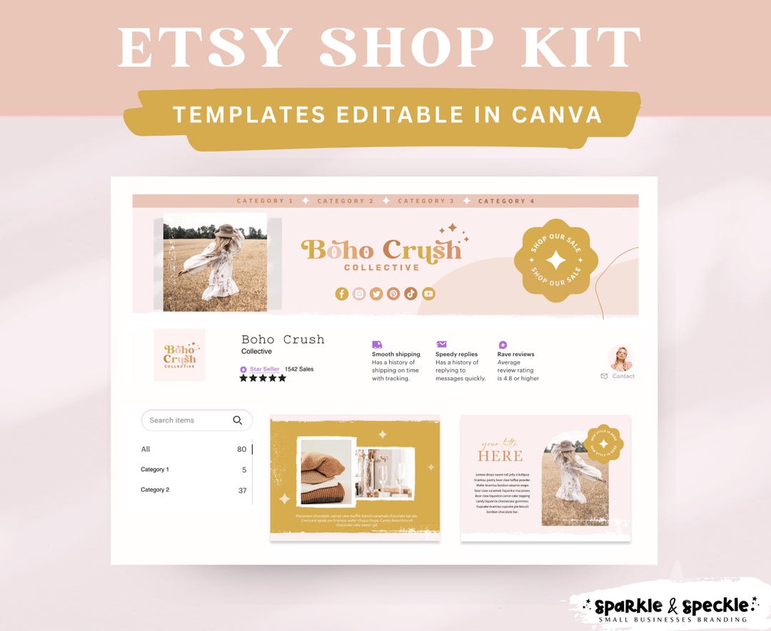 Coastal Boho Etsy Shop Branding Kit Canva Templates | Beachy Aesthetic ...