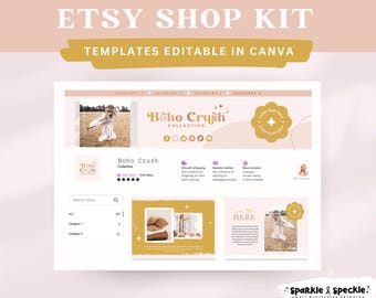 May include: An Etsy Shop Kit template with the text "ETSY SHOP KIT" and "TEMPLATES EDITABLE IN CANVA". The design features a website layout with the "Boho Crush Collective" logo, product images, and social media icons. The color scheme is soft pink and gold.