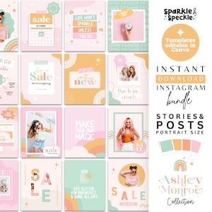 Rainbow Instagram Post And Story Templates, Colorful Instagram Feed, Bright Instagram Bundle Editable In Canva, ASH01 - Sparkle & Speckle