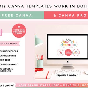 K&ouml;nnte beinhalten: Ein Computerbildschirm zeigt ein Logo f&uuml;r "the sweet dreams collection". Das Bild wirbt f&uuml;r Canva-Vorlagen mit Optionen zum &Auml;ndern von Farben und Schriftarten. Der Text lautet "DIY Canva templates work in both Free Canva & Canva Pro."