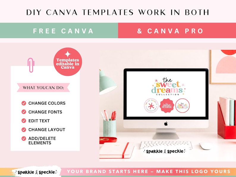 K&ouml;nnte beinhalten: Ein Computerbildschirm zeigt ein Logo f&uuml;r "the sweet dreams collection". Das Bild wirbt f&uuml;r Canva-Vorlagen mit Optionen zum &Auml;ndern von Farben und Schriftarten. Der Text lautet "DIY Canva templates work in both Free Canva & Canva Pro."