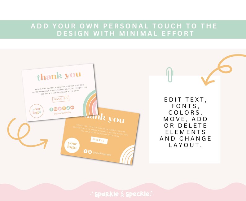 May include: Two customizable thank you cards with a rainbow design. The cards are yellow and orange with a pink and peach rainbow. The text on the cards reads "thank you". The cards are editable and can be personalized with text, fonts, colors, and layout.
