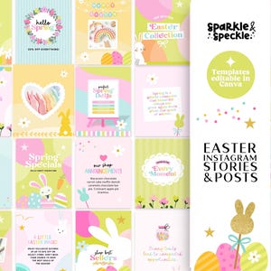 Può includere: Una collezione di modelli per storie e post di Instagram a tema pasquale, dai colori pastello. I design includono coniglietti, uova, fiori e testo come "Hello Spring". I modelli sono modificabili in Canva.