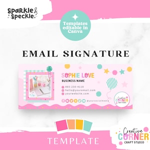 Könnte beinhalten: Rosa-weißes E-Mail-Signatur-Template mit einem farbenfrohen Design. Das Template enthält einen Firmennamen, Kontaktinformationen und Social-Media-Links. Der Text "SOPHIE LOVE" und "Creative Corner Craft Studio" ist im Template enthalten.